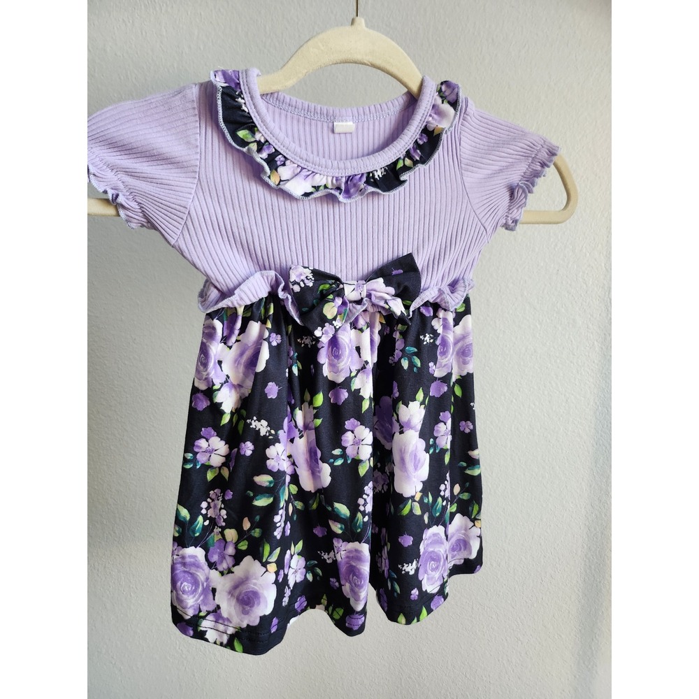 Baby Girl Purple Floral Dress 9-12M Ruffle Collar Bow Sleeveless Casual